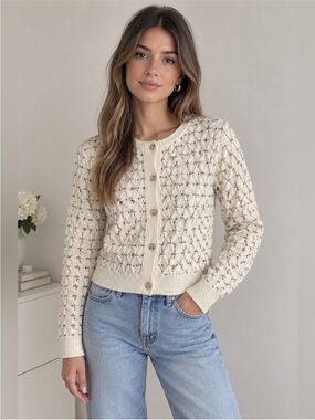 Ellen Tracy Cream Pointelle Button-Up Cardigan